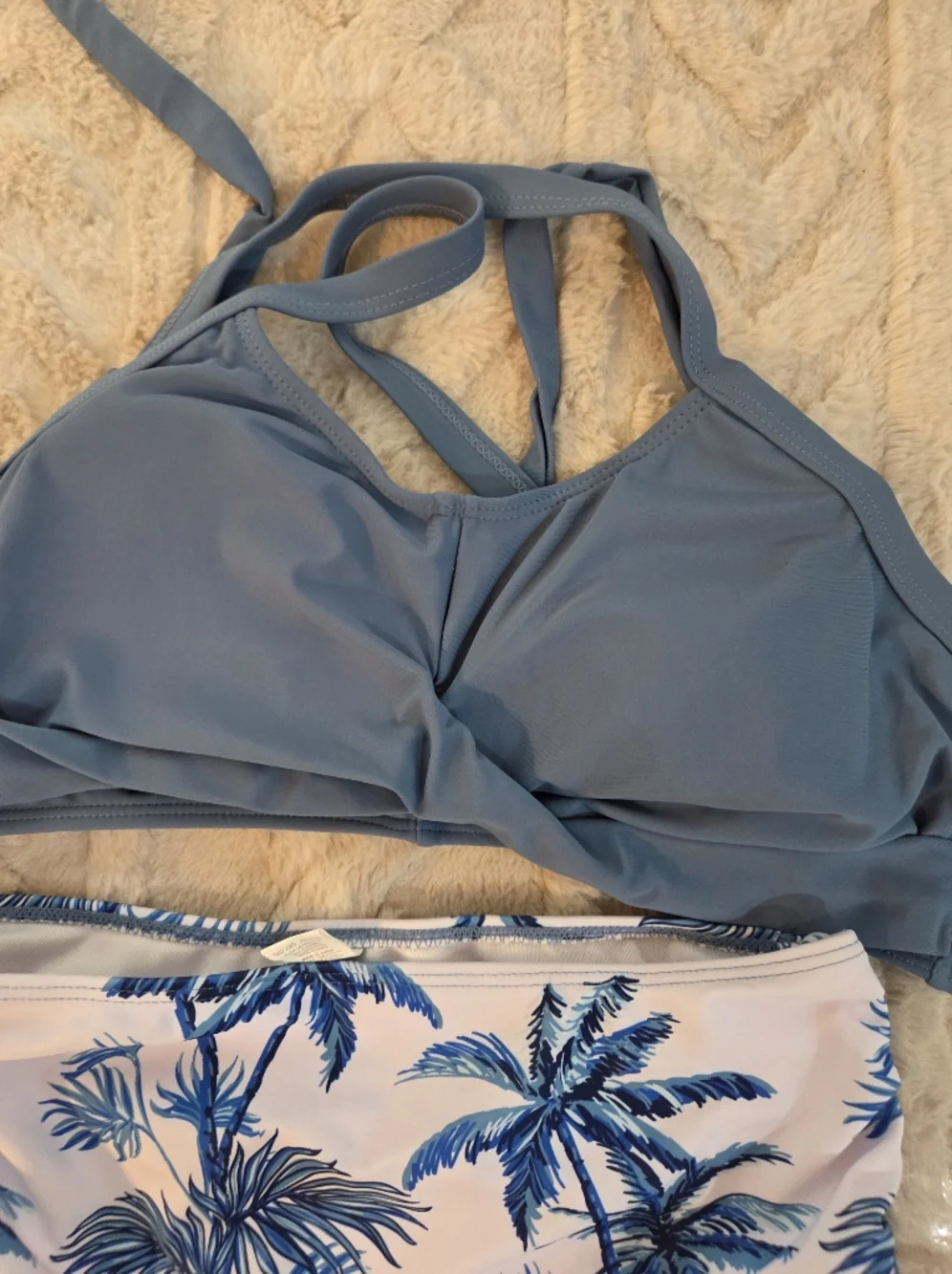 Blue‎ Twist-Front Bikini Top White Palm-Print High-Waist Bottom Girls Teen 11/12
